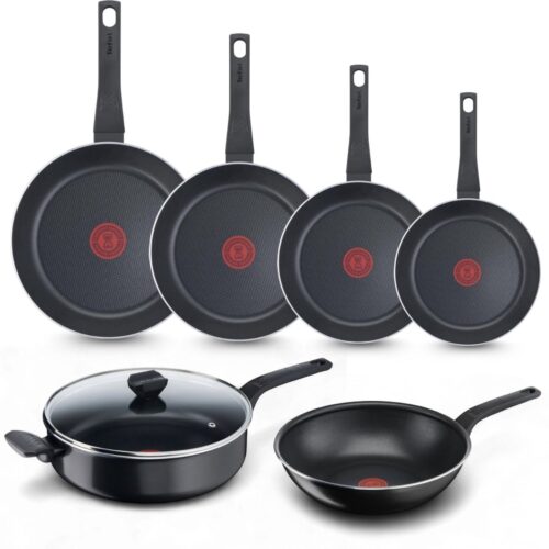 Tefal Easy Cook & Clean Pannenset - Koekenpannen 20/24/28/32cm + Wokpan 28cm + Hapjespan 28cm - Niet geschikt voor Inductie - Anti-aanbaklaag - Aluminium - Zwart