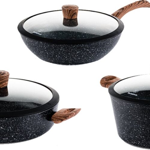 Westinghouse 3-delige Pannenset - Wokpan Ø 30 cm + Hapjespan Ø 28 cm + Braadpan Ø 28 cm - Inductie - PFOA-vrij - Black Marble Wood