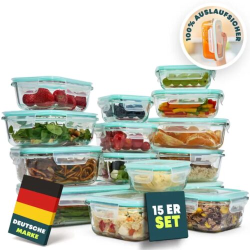 15-delige Glazen Bewaarbakjes Set - Luchtdicht & Lekvrij | Oven-, Magnetron- & Vaatwasserbestendig voor Meal Prep