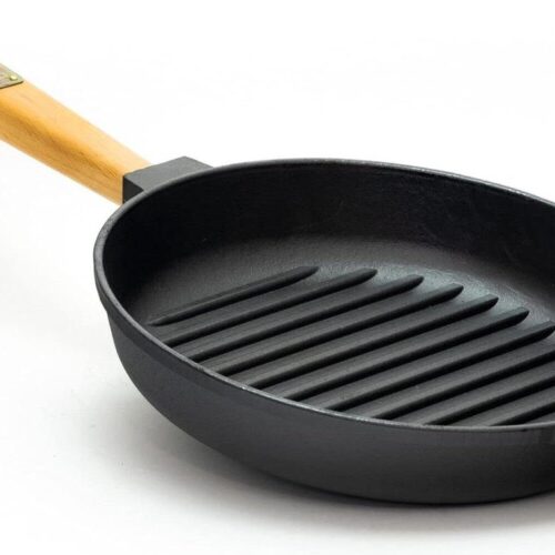28-cm grillpan gietijzer inductie houten handvat braadpan pan vuurpan voor inductiekookplaten - zwart