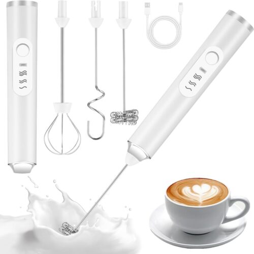 3-in-1 elektrische melkopschuimer, draagbare elektrische melkopschuimer, USB-oplaadbare melkopschuimer, miniblender met 3 gardes (wit)