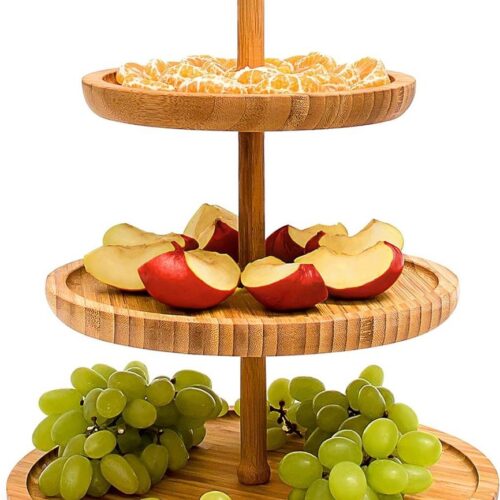 3-laags bamboe etagère H: 25 cm Ø 30 cm - houten fruitschaal voor gebak, koekjes, hapjes - natuurlijke uitstraling
