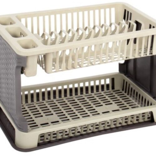Afwas afdruiprek 2-Laags - bruin/ivoor rotan - 45 x 30 x 28 cm - Afwasrek - kunststof - afwassen en drogen
