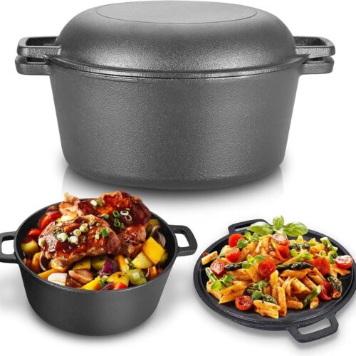 Allecto plus - Gietijzeren Double Dutch Oven Combo Pan, 4,5 l - Stalen Steelpan - Multifunctionele Koekenpan voor Keuken Camping BBQ - Geschikt voor Bakken - 26 * 26 * 12 cm