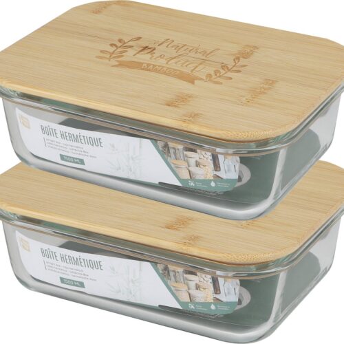 Bambou & Co Voedsel bewaarbakje/vershoudbakje - 2x - bamboe deksel - 1500 ml - ovenbestendig glas - 22 x 17 x 7 cm