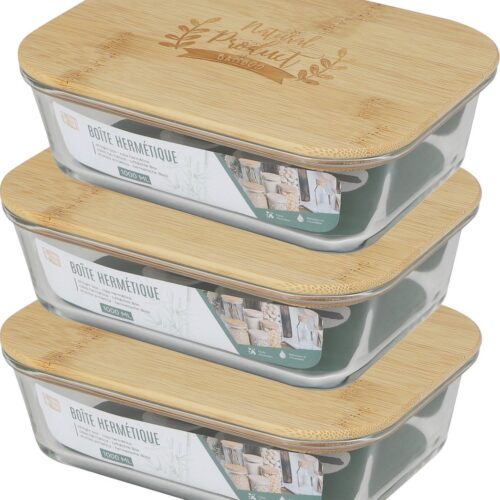 Bambou & Co Voedsel bewaarbakje/vershoudbakje - 3x - bamboe deksel - 1000 ml - ovenbestendig glas - 20 x 15 x 6 cm