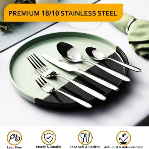 Bestekset voor 12 personen, 60-delig bestek van roestvrij staal, bestekset met 12 x eetmessen/vorken/taartvorken/lepels/koffielepels, gepolijst eetbestek, vaatwasmachinebestendig