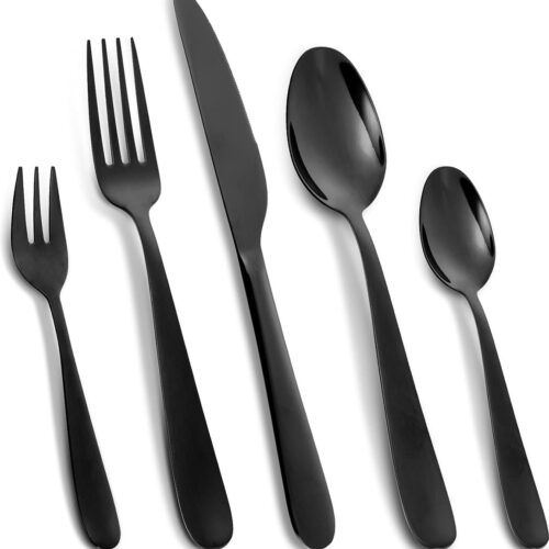 Bestekset, zwart, roestvrij staal, bestek, mes, vork, lepel, gebruiksvoorwerpen, set servies voor 12, spiegelpolish en vaatwasmachinebestendig