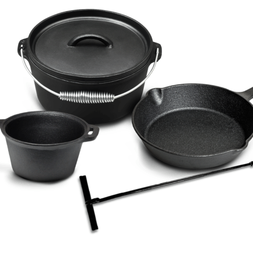 Blackwell Dutch Oven BBQ set Gietijzer - Braadpan + Lifter, Koekenpan ø 20 cm & Steelpan 18 cm - 4 Delig
