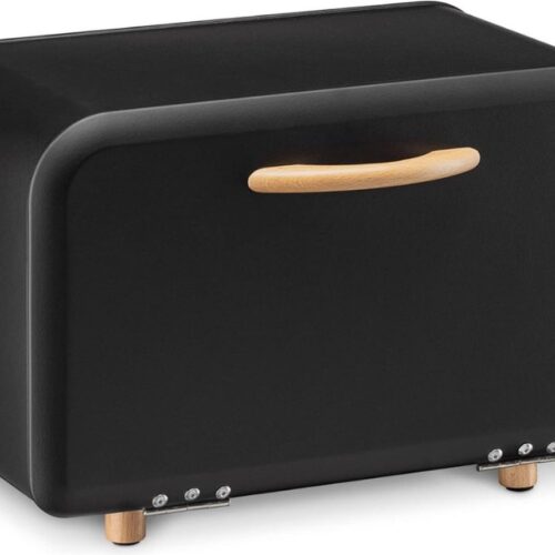 Broodtrommel, broodbox, broodtrommel met opening aan de voorkant, broodhouder voor het bewaren, metalen broodtrommel, zwart