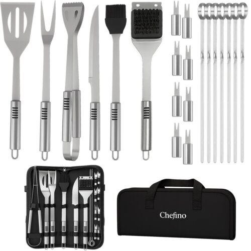 Chefino 21-delige BBQ Accessoire Set - RVS Barbecue Gereedschap in Luxe Opbergtas - Complete Kamado Accessoires voor Houtskool, Gas & Elektrische BBQ