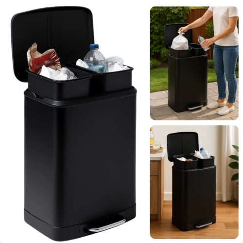 Cheqo® Afvalscheiding Prullenbak - Pedaalemmer Afvalscheiding - Vuilnisbak Met Pedalen - Soft Close Deksel - RVS Zwart - 2x12 Liter - Afvalemmer Keuken - Vuilnisbak Huishouden - Eenvoudig Schoon Te Maken - Afvalbak Voor Kantoor - Vuilbak Keuken