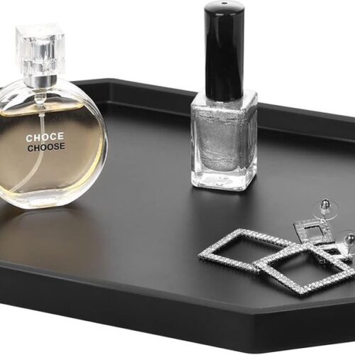 Decoratief dienblad, hars opbergdienblad, cosmetica, badkamerdienblad, achthoekige serveerplank voor slaapkamer, kaptafel, woonkamertafel, keukenaanrecht, accessoires, mat zwart