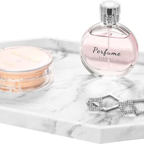 Decoratief dienblad, hars opbergdienblad, cosmetica, badkamerdienblad, achthoekige serveerplank voor slaapkamer, make-uptafel, woonkamertafel, keukenaanrecht, accessoires, grind wit