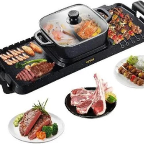 Elektrische BBQ - Pan Grill en Hot Pot - Krachtig 2400W - Draagbaar en Rookvrij - Afneembare Anti-aanbaklaag - BBQ - Gourmet - Grill - Kookgerei - Koken - Grillen