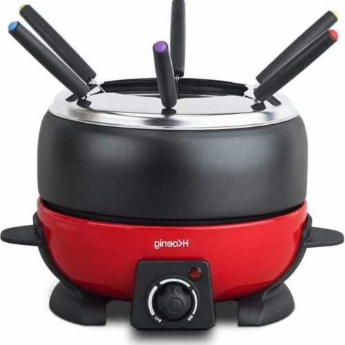 Elektrische Fondueset 6 Vorken Roestvrijstaal Chocolade Bourguignonne - Uitneembare Anti-aanbak Kom - Anti-mors Deksel - Rood 2L fondue set