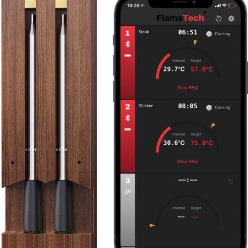 FlameTech® Two | De ultieme draadloze vleesthermometer met 90m bereik | Voor Oven, Grill, BBQ, Pannen & Rotisserie | Temperatuurmeter met bluetooth app