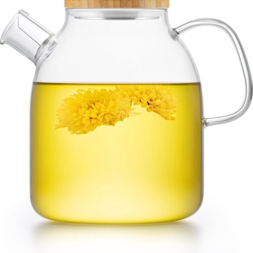 GREENKY® Glazen theepot met filter en bamboe deksel- Theekan - Duurzaam - Filter - Theehouder - Theeglas - Fruitkan - Schenkkan - Teapot - 1,6Liter - 1600ml