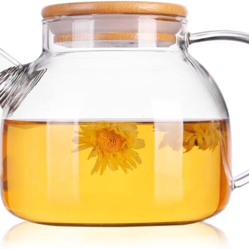 GREENKY® Glazen theepot met filter en bamboe deksel- Theekan - Duurzaam - Filter - Theehouder - Theeglas - Fruitkan - Schenkkan - Teapot - 1Liter - 1000ml