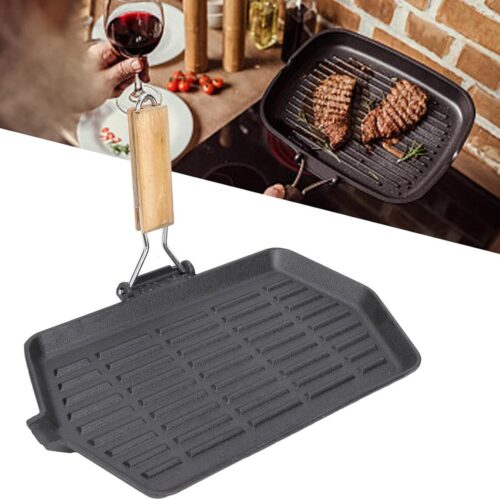Gietijzeren Grillpan 21x35 cm - Non Stick Bakplaat voor Steak - Opvouwbaar en Draagbaar met Houten Handvat