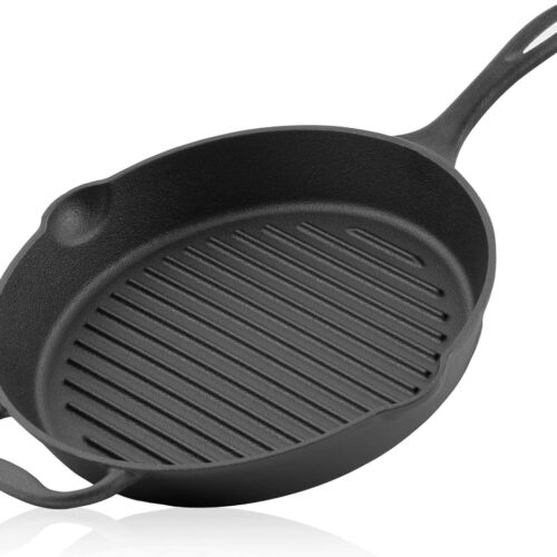 Gietijzeren braadpan met handvat diameter 34 cm - geribbeld - ovenpan en grillpan met twee schenktuiten