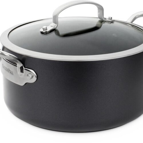 Greenpan Barcelona Aluminium Soeppan Ø 24 cm - 5.1L - PFAS-vrij - Inductie Soeppan - Ovenbestendig tot 220°C - Vaatwasserbestendig - Snelle opwarming - RVS handgrepen - Met deksel - Zwart