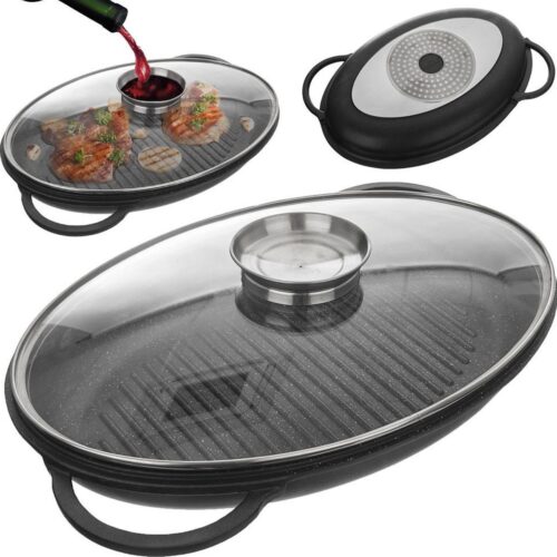 Grillpan Graniet met Deksel Diep GRANDE 43x28x6 cm - Grill - Pan - Steakpan - Koekenpan