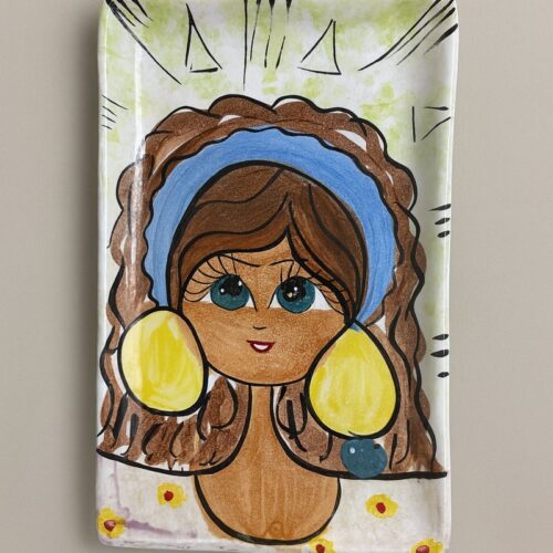 Handgemaakt Aardewerk Dienblad - Egyptisch Dorpsmeisje - (Wit x Geel-Groen) geschikt voor vaatwasser / magnetron serveerschaal decoratief bord