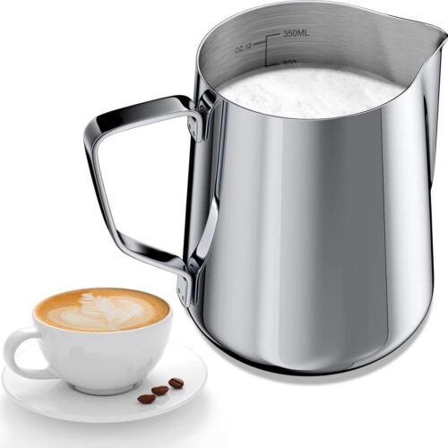 JGS ® 350 ml melkkan voor melkopschuimen 304 roestvrij staal, melkkan met maatmarkering 12 oz voor barista, melkkan voor cappuccino, latte art, espresso, perfect voor koffieliefhebbers, zilver