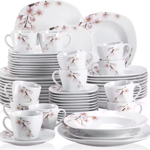 J&R Serviesset - Servies Bloemen- Serviesset 60 delig - 12 Bord groot - 12 Bord klein - 12 Soep bord - 12 Kopje - 12 Schoteltje - Wit - Bloem