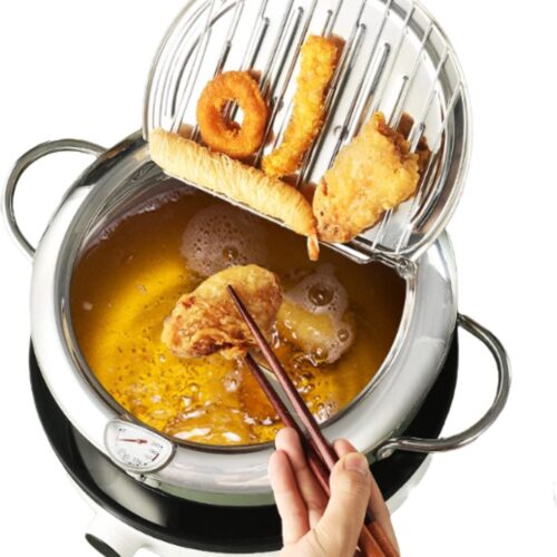 Japanse stijl diepe braadpan, 9,5 inch roestvrij staal met thermometer en deksel, frituurpan, mini-friteuse, compatibel met inductiekookplaten (groot formaat 24 cm)