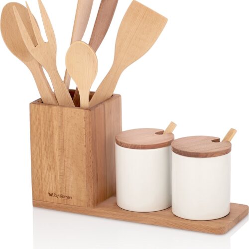 Joy Kitchen porseleinen opberg bakjes op houten plateau inclusief houten keukengerei houder | servies bekers | houten deksels | beker met lepels en deksel | bekerhouder | voorraadpotten | serviesset | porseleinen bewaarbakjes | bewaarpotjes