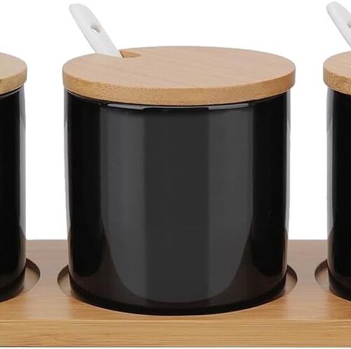 Keramische Suikerpot met Bamboe Deksel - Modern en Functioneel - Zwart
