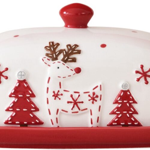 Keramische botervloot met deksel - botervloot - botervloot met deksel - Botervloot met rendierprint - Botervloot porselein - Kerstkeramische boterwarmer - Servies met gestikte kerstman in Nordic-stijl - Decoratieve dessertschaal
