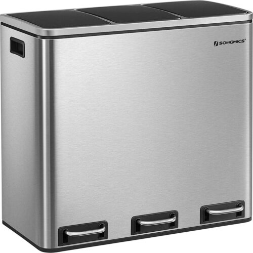 Keukenafvalemmer - Afvalscheidingssysteem - 3 x 18L - Pedaalemmer met 3 Compartimenten - Trio Afvalemmer - Softclose - Met Voetpedalen - Kunststof Binnenemmers en Handgrepen - Zilver
