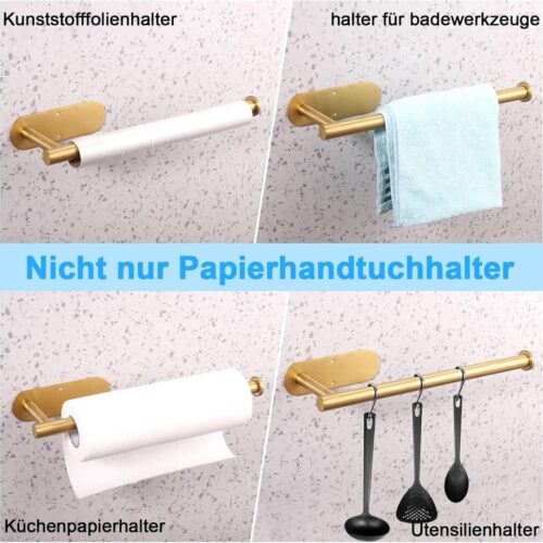 Keukenrolhouder goud, keukenrolhouder zonder boren, roestvrij staal, voor eetkamer, wastafel, badkamer