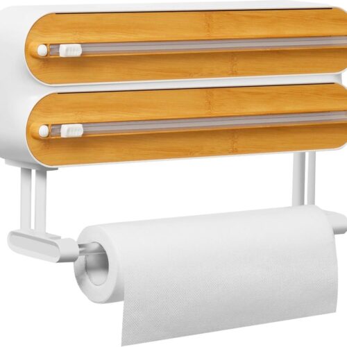 Keukenrolhouder voor Muur - 3-Way Foliesnijder - Magnetische Vershoudfolie Dispenser - met Scherpe Snijder - Verbeterde Foliedispenser - Vershoudfoliesnijder met Keukenrolhouder - Wit