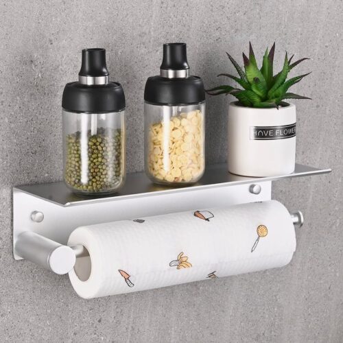 Keukenrolhouder voor wandmontage zonder boren, aluminium papierrolhouder met ruime opbergruimte, keukenrolhouder met rek, zilverkleurig