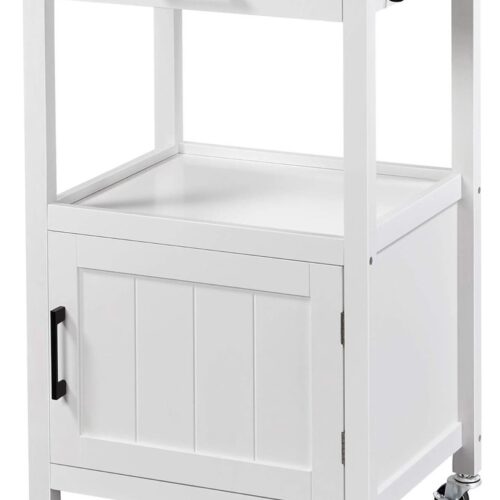 Keukenwagen op wielen, serveerwagen met kast en plank, werkblad van hout, rolwagen 55 x 45 x 89 cm, keukentrolley in landelijke stijl, wit