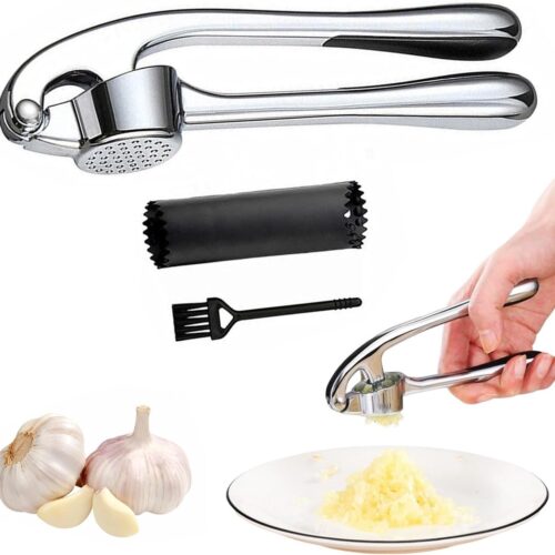 Knoflookpers - roestvrij staal - keukenhulp met knoflookschiller en borstel - eenvoudig schoon te maken - met gemakkelijk te drukken handgreep en ergonomisch ontwerp
