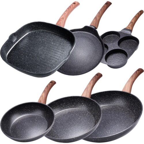 Koekenpan Set met Grillpan, Pannenkoekenpan, Eierpan BLACK&WOOD 19 / 20 / 24 / 24 / 28 / 28 cm 6 stuks - Koekenpannen - Braadpannen - Koekenpannenset - Multifunctionele Pan voor Vlees - Groenten