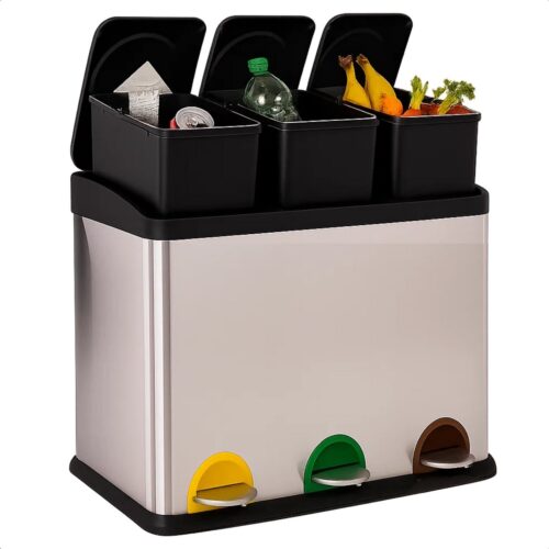 Lomera Prullenbak Afvalscheiding - 3 Vakken - Pedaalemmer - 45 Liter - Roestvrij Staal - Kunststof Binnenemmer - Hygiënisch Afval Scheiden - Metalen Handgreep - Afvalscheidingsprullenbak - Trio Afvalemmer - Voetpedalen - L