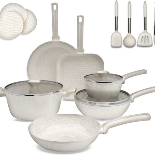 Lugia 16 Delige Pannenset - Pannen - 3 Laagse Keramische Coating - Anti-Aanbaklaag - Pannen Zonder PFOA - PFAS - Eco Friendly - Beige pannenset