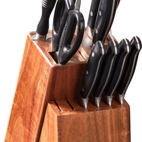 Messenblok, 15-delig, 187 x 130 x 226 mm messenblokset, houten blok voor koksmessen, slijpstaaf en schaar, meshouder universeel messenblok schuin ontwerp, vintage duurzaam messenblok