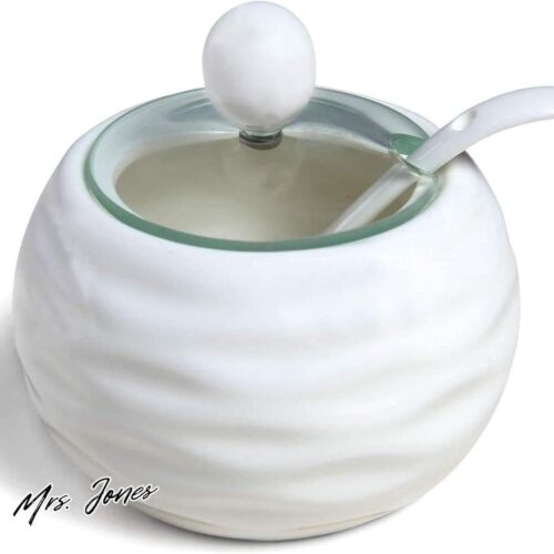Mrs. Jones Chic Keramische suikerkom - moderne porseleinen witte suikerpot met doorzichtig deksel en lepel - 250 ml suikerpot pak voor koffiebar restaurant keuken en thuis ontbijt .