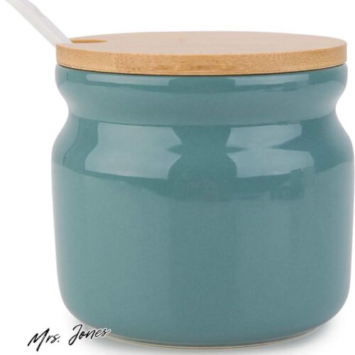 Mrs. Jones Chic Suikerpot keramiek houten deksel porseleinen lepel vintage 230 ml koffiebar keuken ontbijt thuis donkergroen .