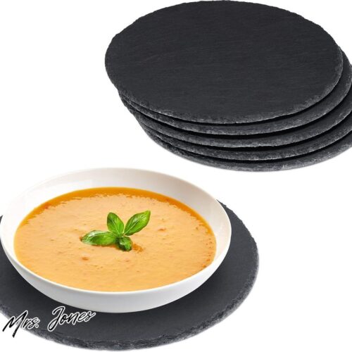 Mrs. Jones Premium Collection - Leisteen serveerplank - 6 stuks - Rond - 25 cm - Pizzabord - Beschrijfbaar - Antraciet