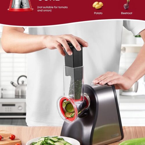 Multifunctionele Elektrische Rasp - Groentesnijder - Foodprocessor - met 4 Kegelmessen - voor Kaas - Wortels - Aardappelen - Vaatwasmachinebestendig - Gemakkelijk te Reinigen - 200W - RVS - Rood