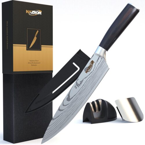NAZROM® Professioneel Koksmes 20 CM, Inclusief Messenslijper, Mes- en vingerbeschermer, Duurzaam En Vlijmscherp