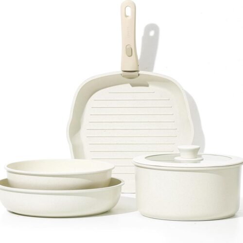 Pannenset Wit 6-delig - Afneembare Handgrepen - Anti-Aanbaklaag - Stapelbare Pannenset - Ovenbestendig - Inductie Pannenset